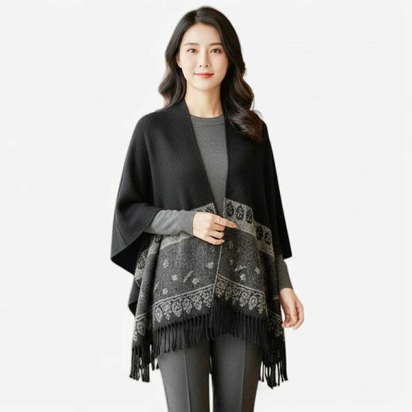 V. FRASS Women's Poncho Wrap Acrylic ONE SIZE Boho Tribal Black Gray Paisley - Picture 1 of 5